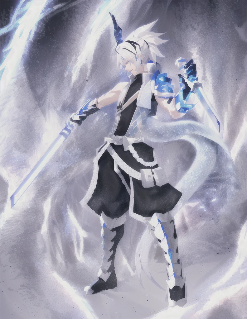 drawing of a androgynous young human man with a 2 katanas,, ninja, long ponytail, dramatic wielding sword pose, anime shading, white hair, glowing blue eyes, pale skin, black ninja trousers,black vest with dragon scales on sides, blue short jacket, metallic accents, dragon scale grieves, dragon scale right vambrace, clawed gauntlet on left hand, 