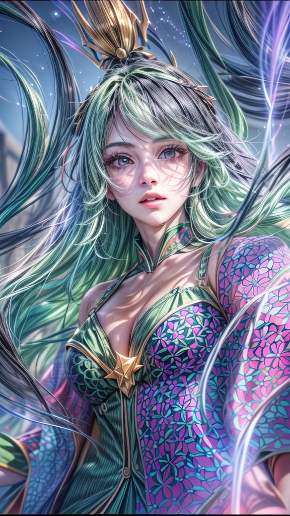Top quality, masterpiece, very high resolution, (photorealistic: 1.4), 1 girl wearing green clothes, bright black eyes, black hair, professional flash, sharp focus, deep shadows, (C