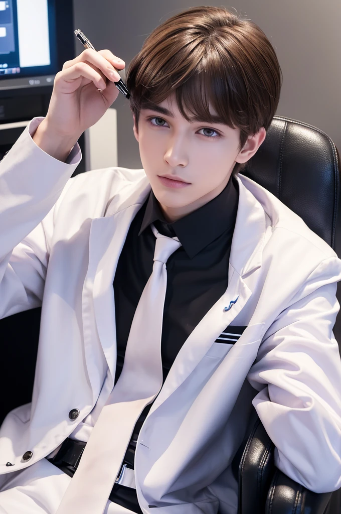 A refreshing young man, a beautiful young man, 20 years old, slender, brown hair, purple eyes, cyber laboratory, laboratory of the dark future, white lab coat, biting a pen, biting a ballpoint pen with teeth, thinking, body facing left, sitting in a luxurious black chair, bangs down