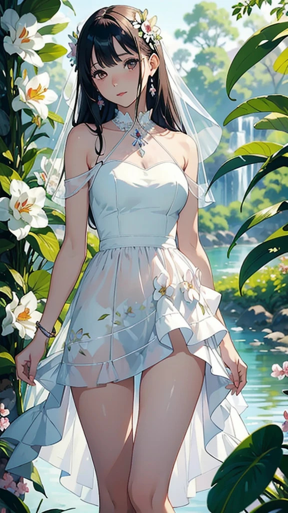 (masterpiece, highest quality: 1.2), (one woman, white dress, clear double eyelids, slim waist, above the knees), (cattleya, solo, three flowers, full bloom, in nature), soft focus, blurred background,