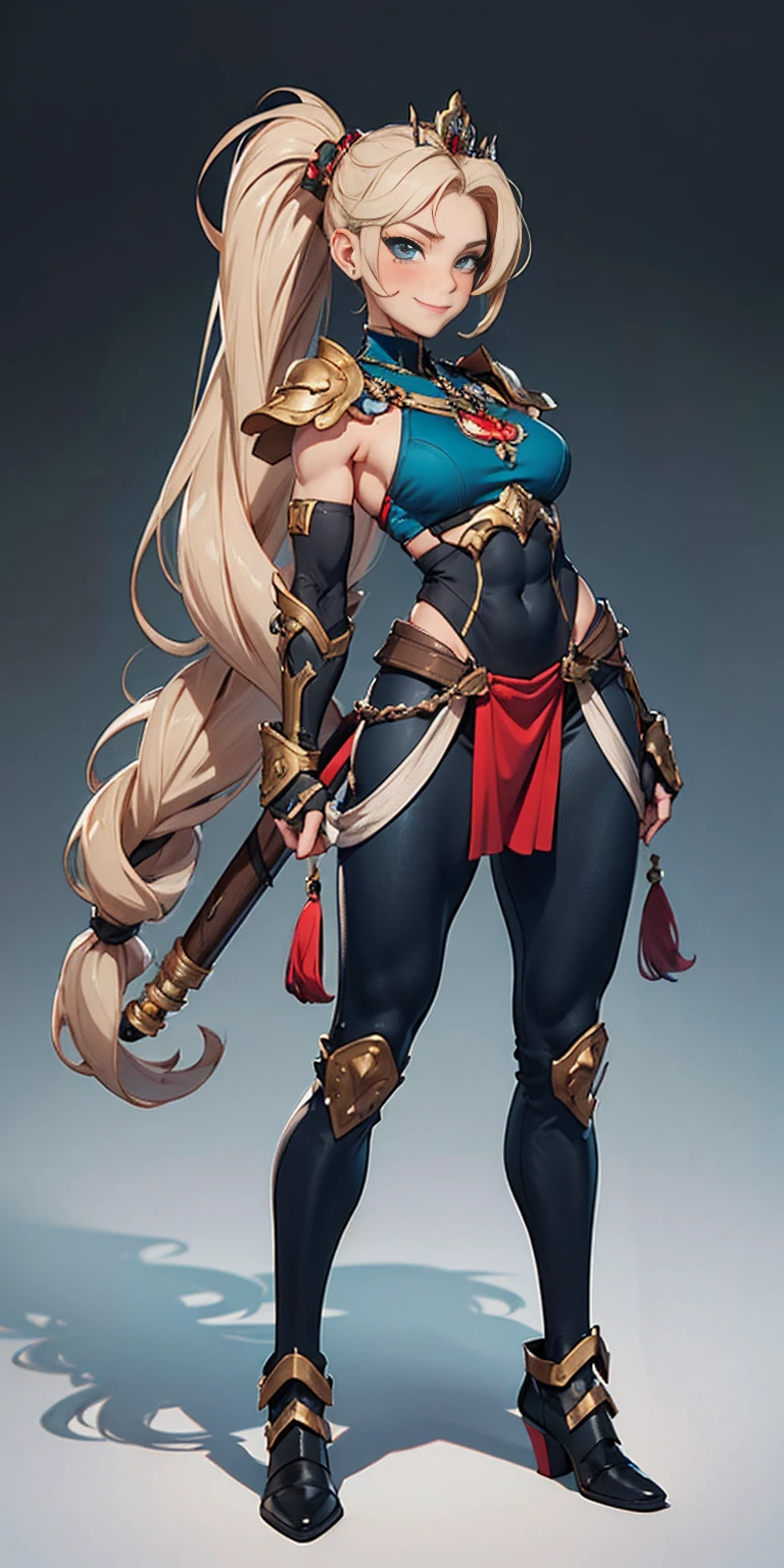 whole body, red breastplate, Redskin, looking at the viewer, bright,armor, Thighs, waders,shoulder armor, failures, Poland, gloves, gauntlets, Rerebrace armored boots, shoulder pads,(Masterpiece, Best Quality, ultra detailed, best shadow) yordle (1 girl)( Redskin:1.2) pointy ears muscular lean platinum blonde long twin-tails hairstyle at the office lustful smirking smile face red blushed, blush, strong abs, female bodybuilder, tiara, double hair drills