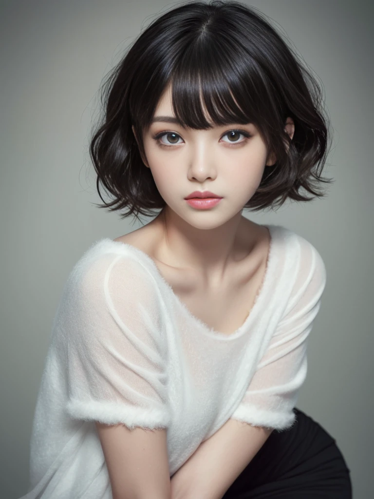 ,From Below,Angle from directly above,dynamic pose,(Highest quality, Very detailed, masterpiece:1.2), 1 women, Very thin body, length, Thin legs, ((Black wavy short layered cut hair hair:1.2)), ((Thick and fluffy bangs)), Very detailedな顔,A faint smile, small, Thin Nose, small thin mouth, Extremely sharply focused eyes, Japanese, Beautiful Face, Realistic eyes, Beautiful and beautiful eyes, Realistic Skin, Beautiful Skin, charm, (A vivid face), Beautiful Hairstyles,((Over Size Tシャツ)), High resolution, Vibrant color palette, Amazing place,Characteristic dark shadows and strange details,