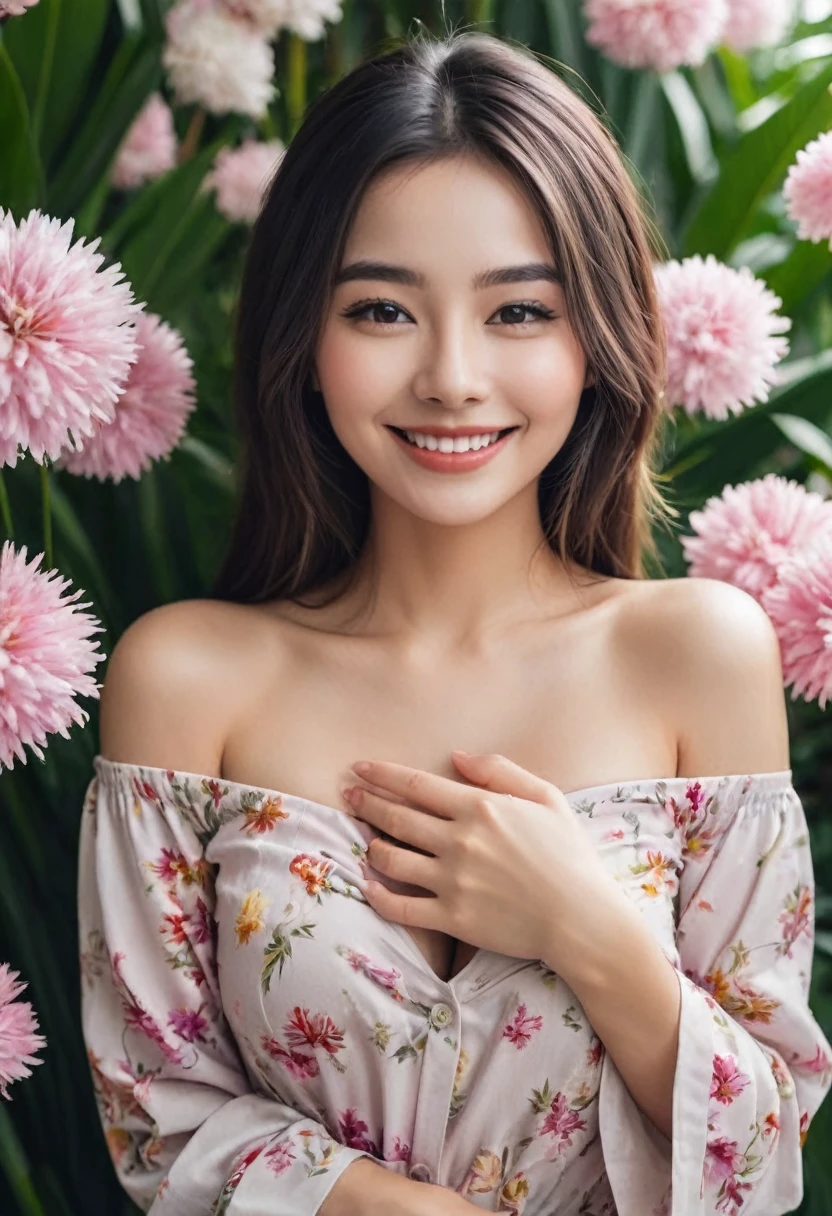 beautiful girl Smiling Covering the chest with the palms I can see her cleavage Mouth half open It is surrounded by many flowers
