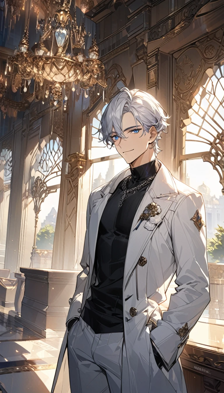 (masterpiece, best quality), Very detailed, best quality, official art, Beautiful and beautiful: 1.2),Beautifully，(1 handsome guy)，copyright，alone，white short hair， (blue eyes), (A gentle yet distant smile)，perfect face，white trench coat，Black shirt，complex clothing design，High target，8K，Beautiful contrast of light and shadow，Face it positively，Nice face，noble，Gorgeous palace，Interior background，((White flowers))，Gorgeous background，(ManhwaStyle:1.5)