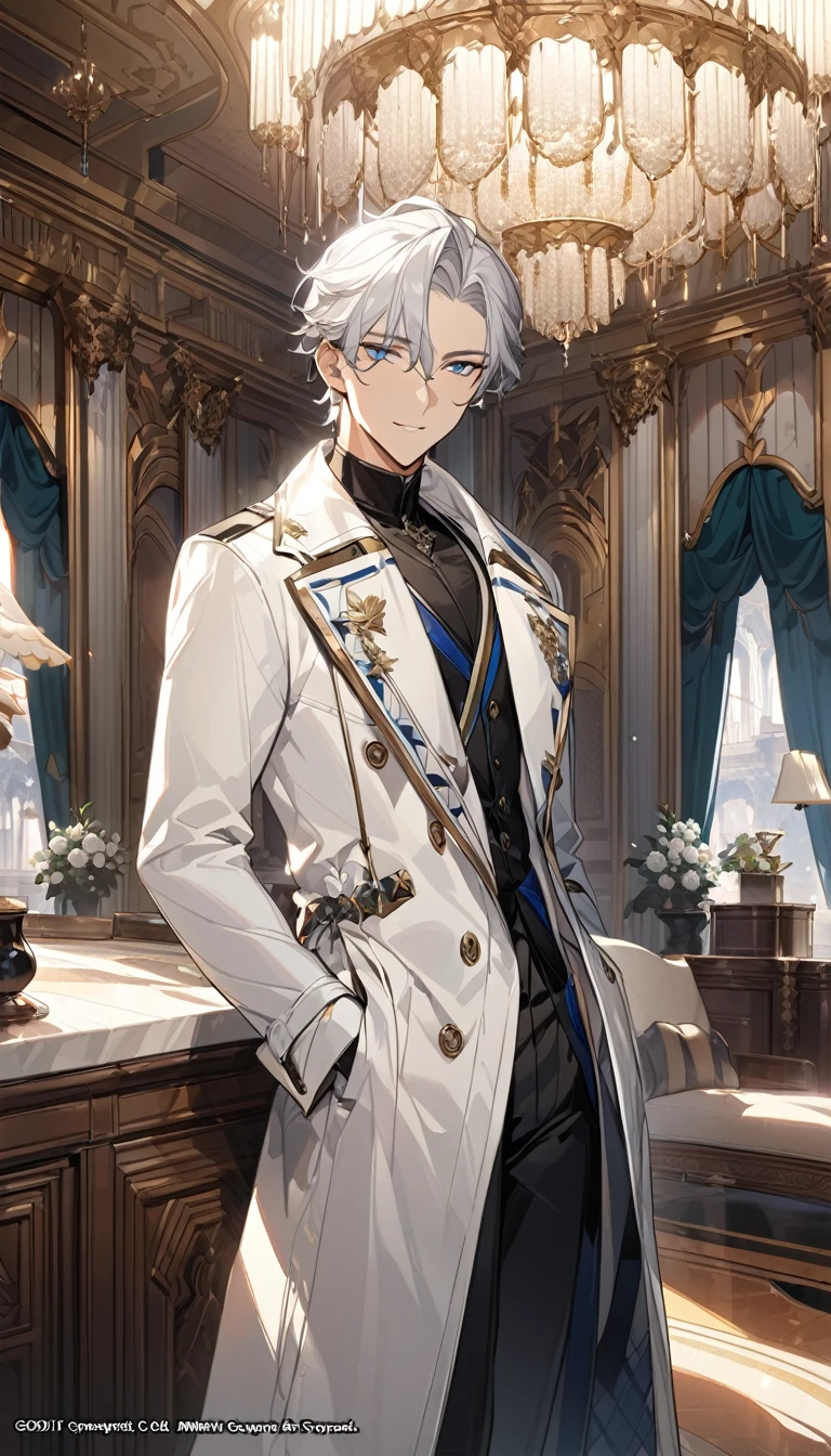 (masterpiece, best quality), Very detailed, best quality, official art, Beautiful and beautiful: 1.2),Beautifully，(1 handsome guy)，copyright，alone，white short hair， (blue eyes), (A gentle yet distant smile)，perfect face，white trench coat，Black shirt，complex clothing design，High target，8K，Beautiful contrast of light and shadow，Face it positively，Nice face，noble，Gorgeous palace，Interior background，((White flowers))，Gorgeous background，(ManhwaStyle:1.5)