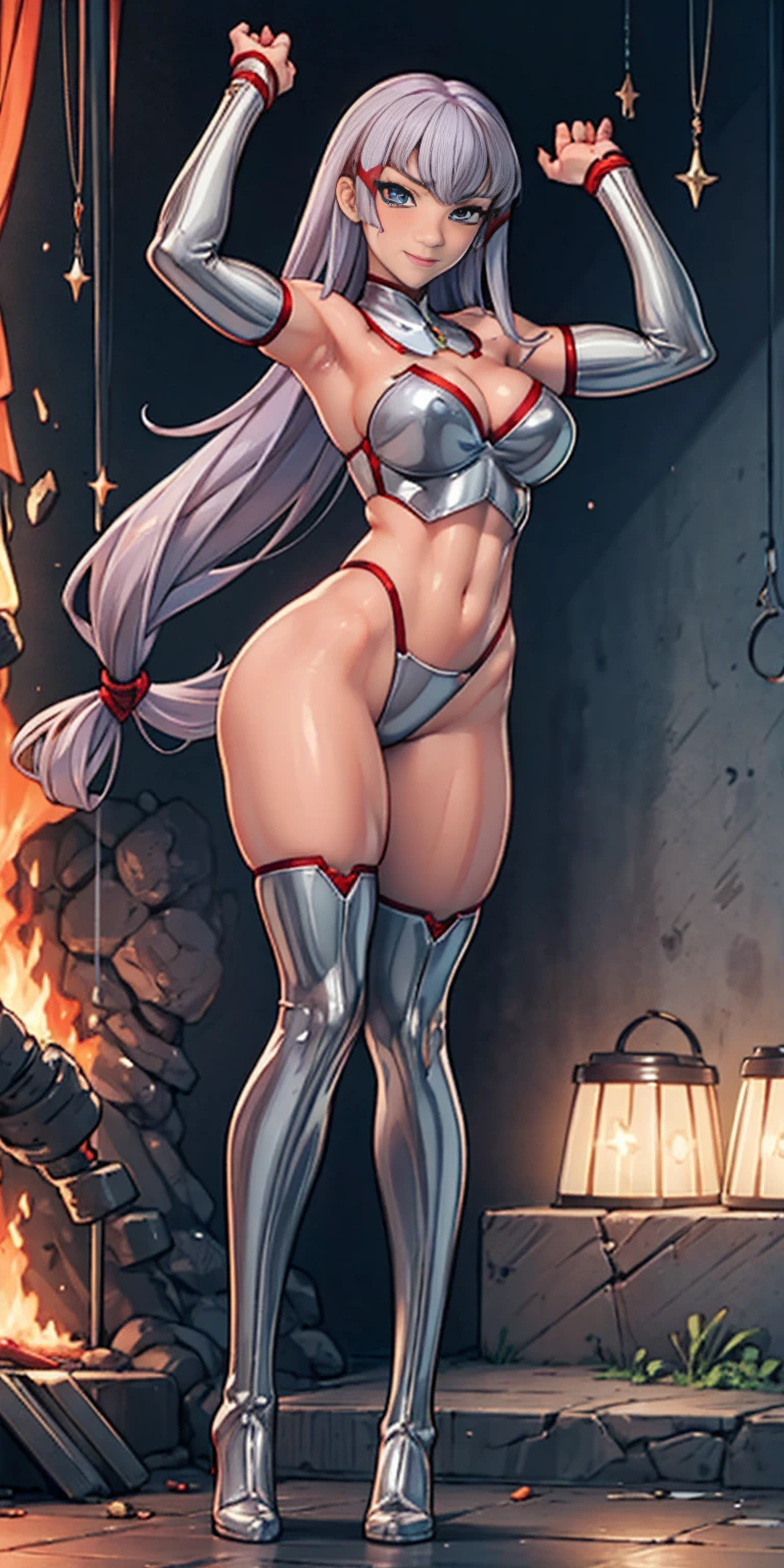whole body, red breastplate, Redskin, looking at the viewer, bright,armor, Thighs, waders,shoulder armor, failures, Poland, gloves, gauntlets, Rerebrace armored boots, shoulder pads,(Masterpiece, Best Quality, ultra detailed, best shadow) yordle (1 girl)( Redskin:1.2) pointy ears muscular lean platinum blonde long twin-tails hairstyle at the office lustful smirking smile face red blushed, blush, strong abs, female bodybuilder, tiara, double hair drills