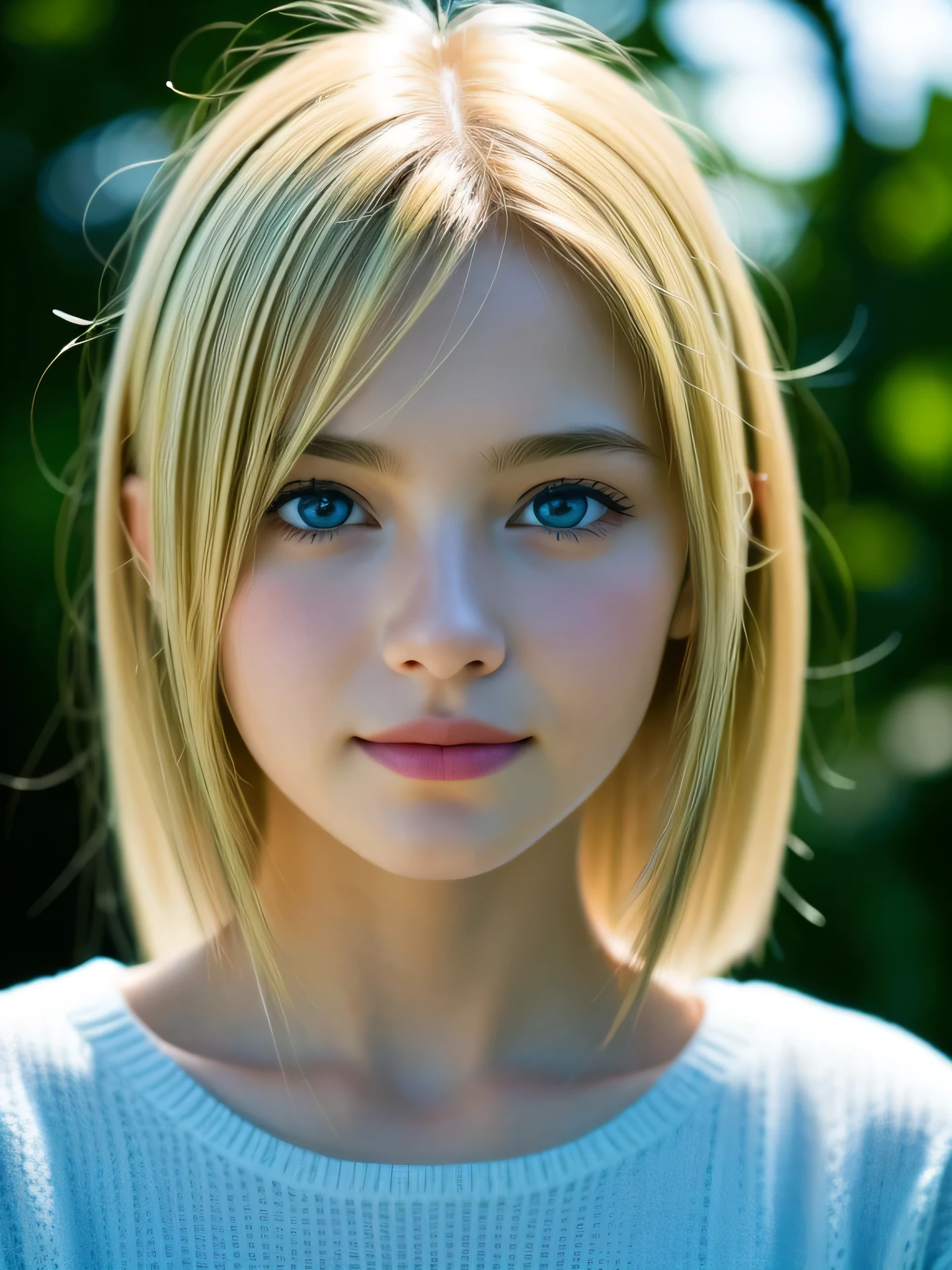 (Photo Real:1.4), (hyper realisitic:1.4), (Smooth lighting:1.05), 1 girl, teenager, blue eyes, happy, shy, smile, (looking away:1.2), Close-up of the face, Soft lighting, Back lighting, (Finest Real Textured Skins), Super fine face, glowy skin, retinas, Anatomically correct, (Blonde medium hair:1.1), bangs, Textured skin, High quality, high details, Best Quality, High resolution, sweater
