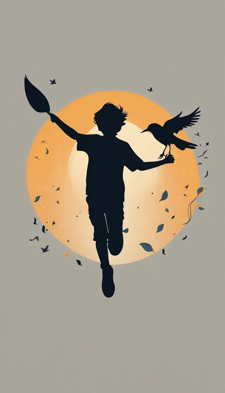 Create a modern, minimalistic logo design for a brand about music and movies. The logo must be in minimalistic style and convey a sense of storytelling. The logo is the silhouette of a boy and a bird. The boy is running with open arms, holding an acoustic guitar in the right hand and a bird feather in the left hand.