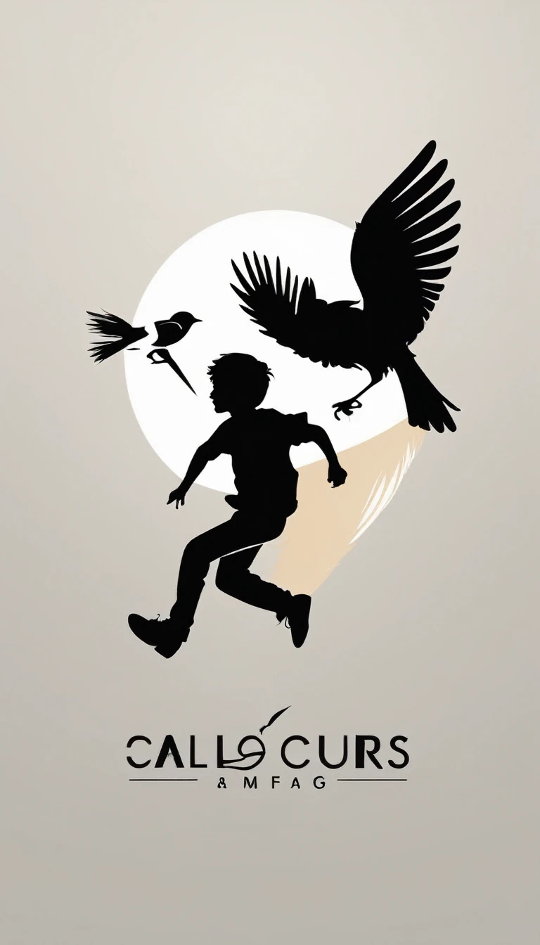 Create a modern, minimalistic logo design for a brand about music and movies. The logo must be in minimalistic style and convey a sense of storytelling. The logo is the silhouette of a boy and a bird. The boy is running with open arms, holding an acoustic guitar in the right hand and a bird feather in the left hand.