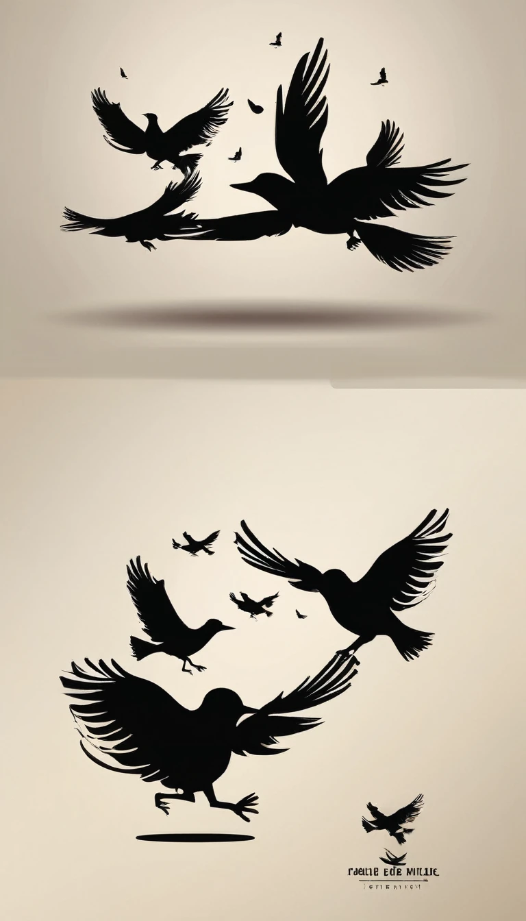 Create a modern, minimalistic logo design for a brand about music and movies. The logo must be in minimalistic style and convey a sense of storytelling. The logo is the silhouette of a boy and a bird. The boy is running with open arms, holding an acoustic guitar in the right hand and a bird feather in the left hand.