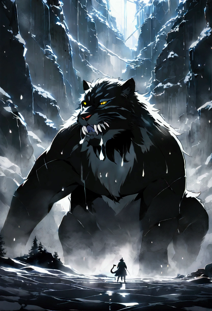 In the middle of a raging snow storm, Emerging from the shadows, Absolutely, masculine, and an immensely thin black panther with saber teeth and a long tail that advances with a rough demeanor.. Every muscle in your body is clearly visible., Sculpted in a way that exudes raw power and dominance, dripping water from the melted ice that once enveloped it. Its huge fangs protrude menacingly from its mouth.., a testament to their predatory prowess. Blood drips from numerous scars that decorate its robust frame.., evidence of a victorious battle with a pack of gray wolves, whose lifeless bodies now lay scattered around them. His eyes are a striking green., glowing brightly as if charged with some primordial energy, passing through the heavy snowfall with its eerie light. His entire presence is both fearsome and inspiring.., a master of his frozen domain. From a side angle in a wide view, you can see his full body., every sinew and contour exaggerated by hardness, snowy backdrop. The snow swirls violently around him., adding to the dramatic scene, while walking with a deliberate, Safe passage, undeterred by bad weather. The relentless snowstorm howls in the background., but the sabertooth is still a focal point, a formidable force of nature, Emerge victorious from chaos