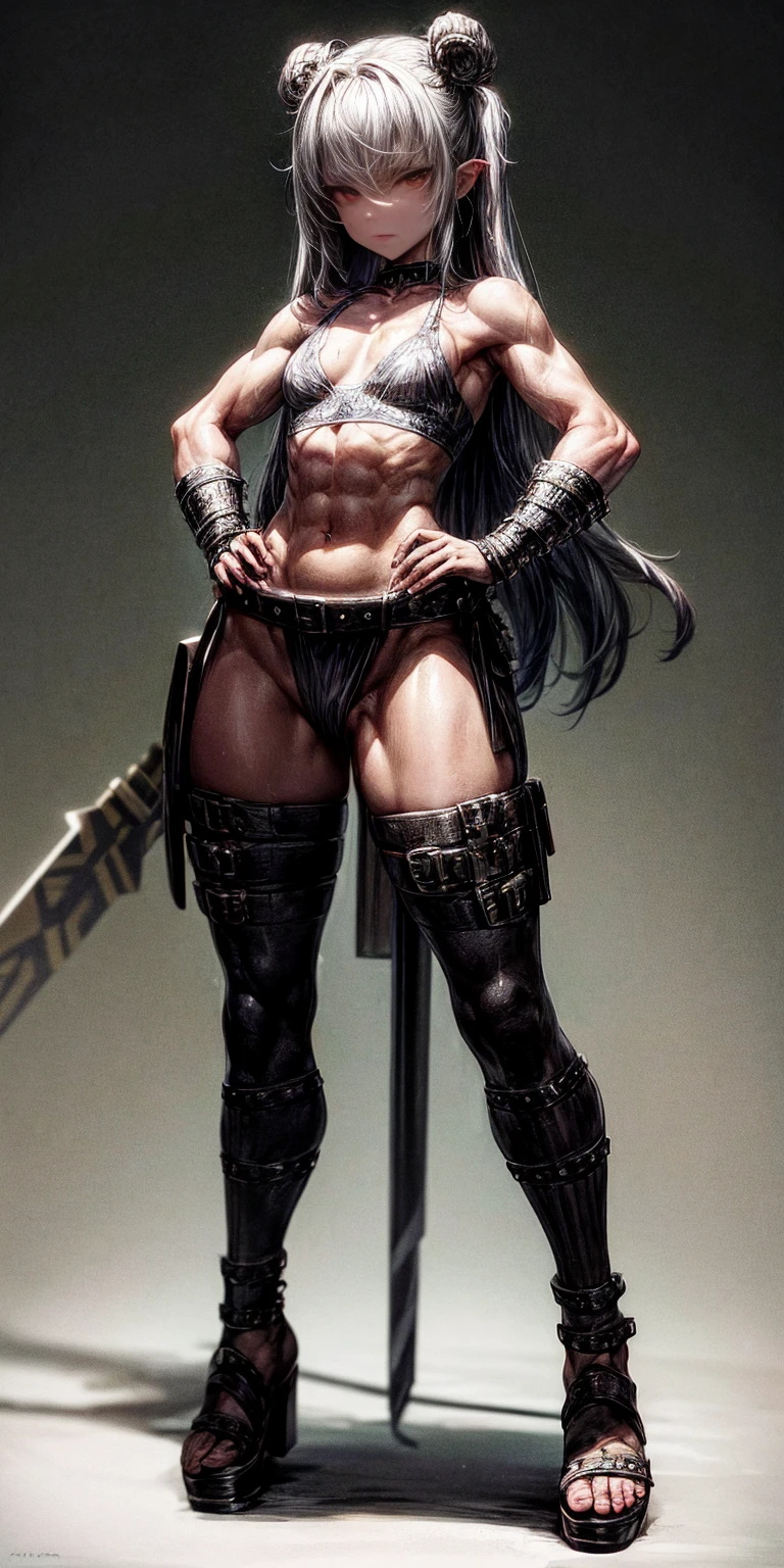 Subject: 1 Solo Female Gladiator Pose: Full body, whole body Standing tall, hands on hips (conveying confidence) Feet together, conveying a strong stance View from slightly below, emphasizing her power Clothing and Armor: Loincloth (detailed and well-crafted, showcasing her warrior status) Metal sandals, sturdy and battle-worn Leather choker, adorned with a gladiator emblem or small spikes (optional) Big belt, holding additional weapons or pouches (optional) Bracers on forearms, for protection Jewelry: Tiara (can be simple and battle-ready, or adorned with feathers or gladiator symbols) Additional Details: Strong, defined muscles Determined expression on her face Optional: scars or other battle marks that tell a story of her victories