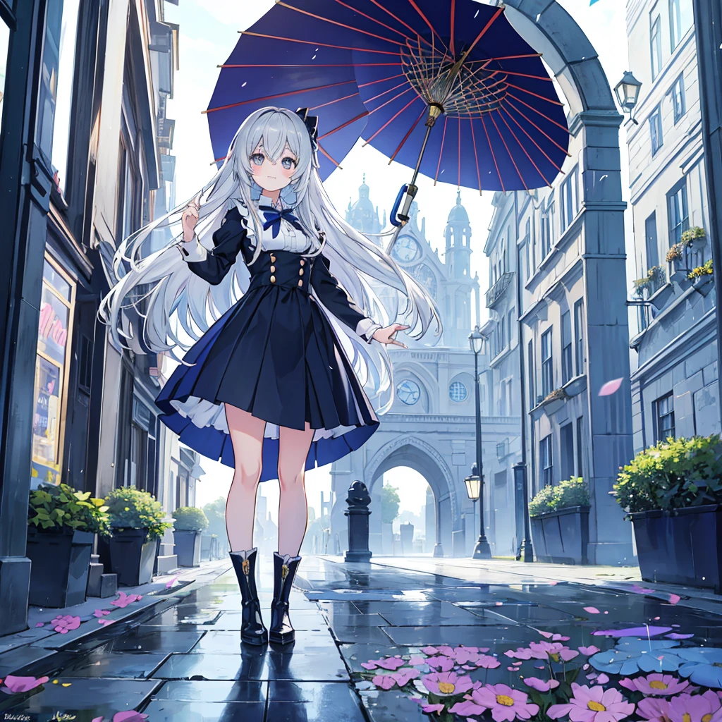 kawaii, anime, Cute, hyper quality, highly detailed, 16k, Front facing, Clarity, full body, smile, one girl, university student, long silver hair, lapis lazuli eyes, bell accessories, butler uniform, black butler uniform, walk through the medieval town, fantasy world, It's raining lightly, have an umbrella, high cut boots, noble, clock tower, puddle, A city planted with flowers, bright sky, light drifts,