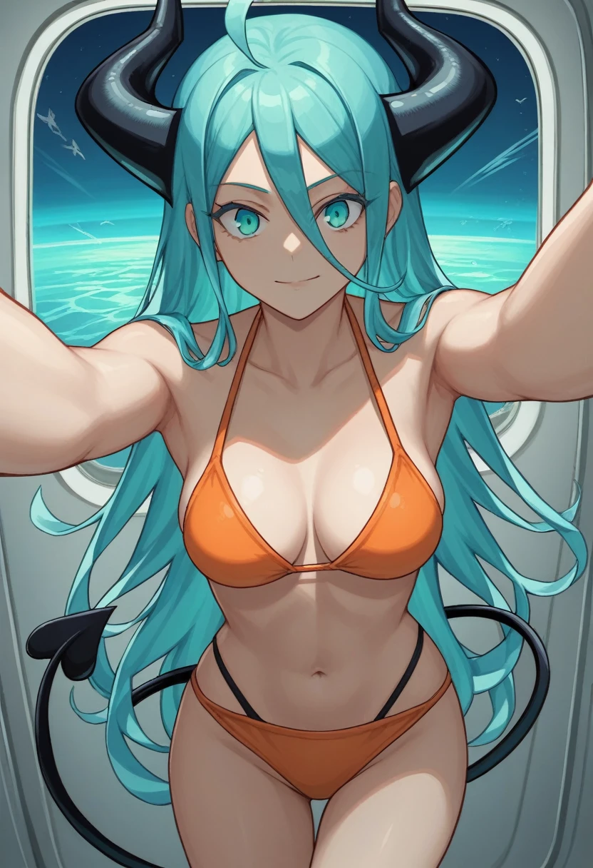 score_9, score_8_up, score_7_up,1 daemon woman, black horns, black demon tail, (aquamarine hair),aquamarine green color hair,ahoge, long hair, (long hair),bangs, light orange bikini, bikini is orange, bikini orange, orange bikini!, (aquamarine eyes), background is spaceship, aquamarine eyes, 1woman ,facing viewer, daemon girl, close up,Well-endowed, alone, Spacecraft interior, y pose
