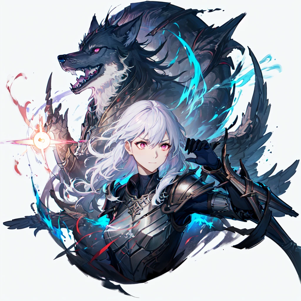 [(white background:1.5), ::2], human girl, 1girl, solo,(upper body shot:0.95), best quality, (extremely detailed CG unity 8k wallpaper), (best quality), (best illustration), (best shadow), absurdres, realistic lighting, (Abyss), warfare, skyrim, deity, god, beautiful detailed glow, anime, dark sakura, pink eyes, white hair, herrscher, Herrscher of the Void, black armour, Honkai impact, combat, smirk, serious expression, (aura, energy, metal wolf summon, summoner:1.2), (dynamic angle, upper body shot, face, intimidating:1.3), daedric, skyrim, (mythical armor, magic, runic armor, runes:1.22), clear face,