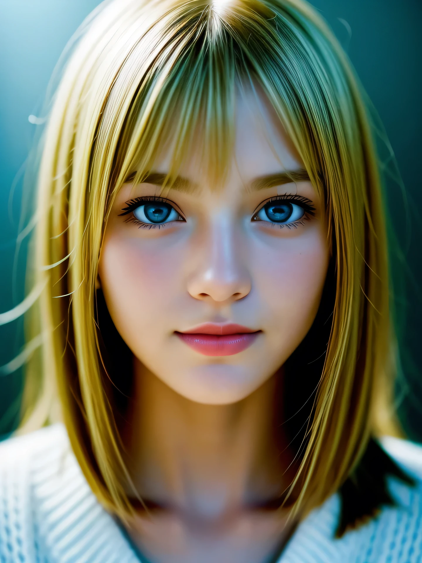 (Photo Real:1.4), (hyper realisitic:1.4), (Smooth lighting:1.05), 1 girl, teenager, blue eyes, happy, shy, smile, (looking away:1.2), Close-up of the face, Soft lighting, Back lighting, (Finest Real Textured Skins), Super fine face, glowy skin, retinas, Anatomically correct, (Blonde medium hair:1.1), bangs, Textured skin, High quality, high details, Best Quality, High resolution, sweater