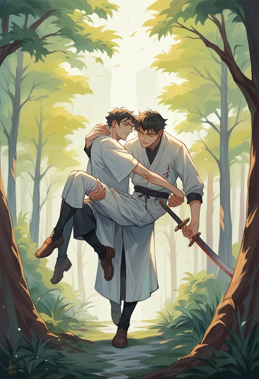 in the forest，White clothes，中年man，scholar，Carrying a long sword，ferocious，cunning，man，one person，China,Classical ink painting
