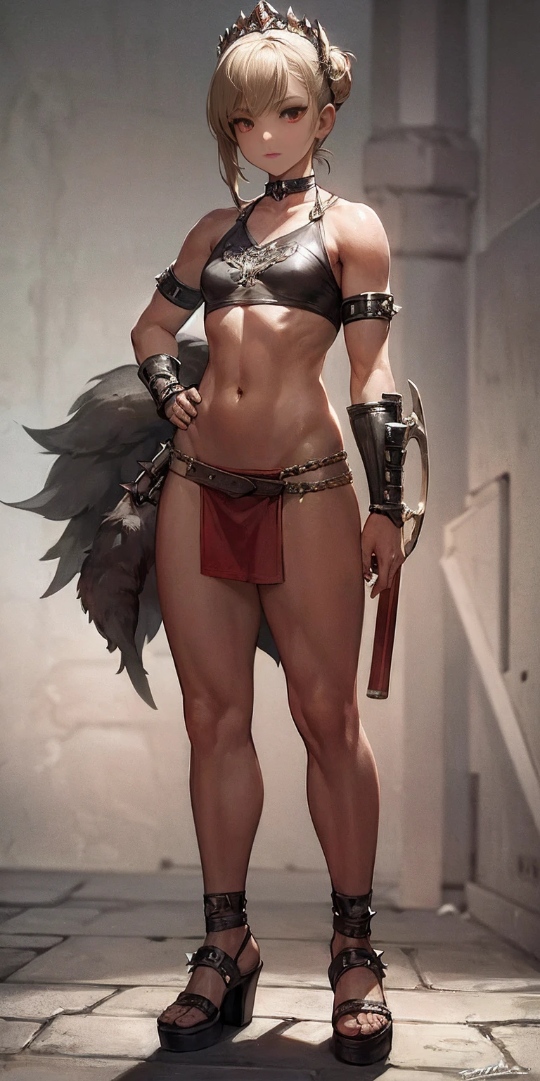 Subject: 1 Solo Female Gladiator Pose: Full body, whole body Standing tall, hands on hips (conveying confidence) Feet together, conveying a strong stance View from slightly below, emphasizing her power Clothing and Armor: Loincloth (detailed and well-crafted, showcasing her warrior status) Metal sandals, sturdy and battle-worn Leather choker, adorned with a gladiator emblem or small spikes (optional) Big belt, holding additional weapons or pouches (optional) Bracers on forearms, for protection Jewelry: Tiara (can be simple and battle-ready, or adorned with feathers or gladiator symbols) Additional Details: Strong, defined muscles Determined expression on her face Optional: scars or other battle marks that tell a story of her victories