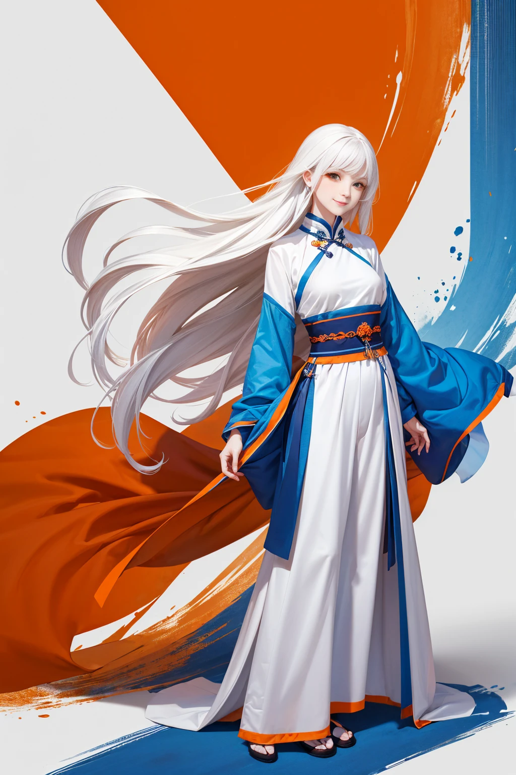 high quality , one white hair girl and one white hair man, long hair, wuxia character, ((white clothes with blue and orange accent)), ink painting background, flat background, minimalist background, chinese wind pattern background, smiling, standing back to back