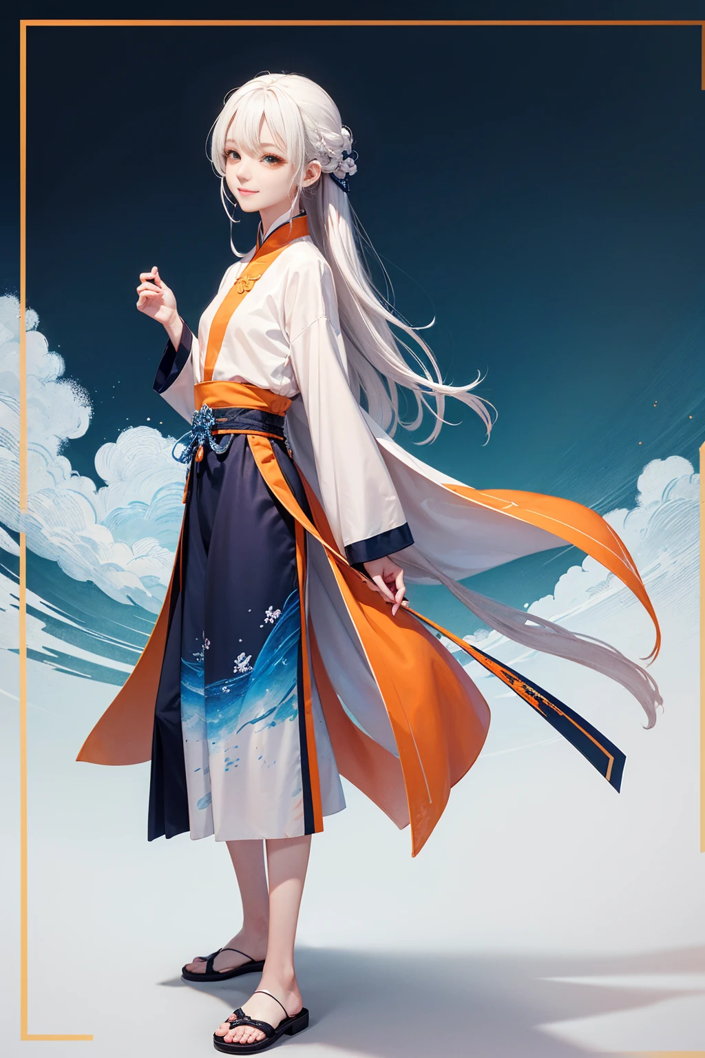 high quality , one white hair girl and one white hair man, long hair, wuxia character, ((white clothes with blue and orange accent)), ink painting background, flat background, minimalist background, chinese wind pattern background, smiling, standing back to back