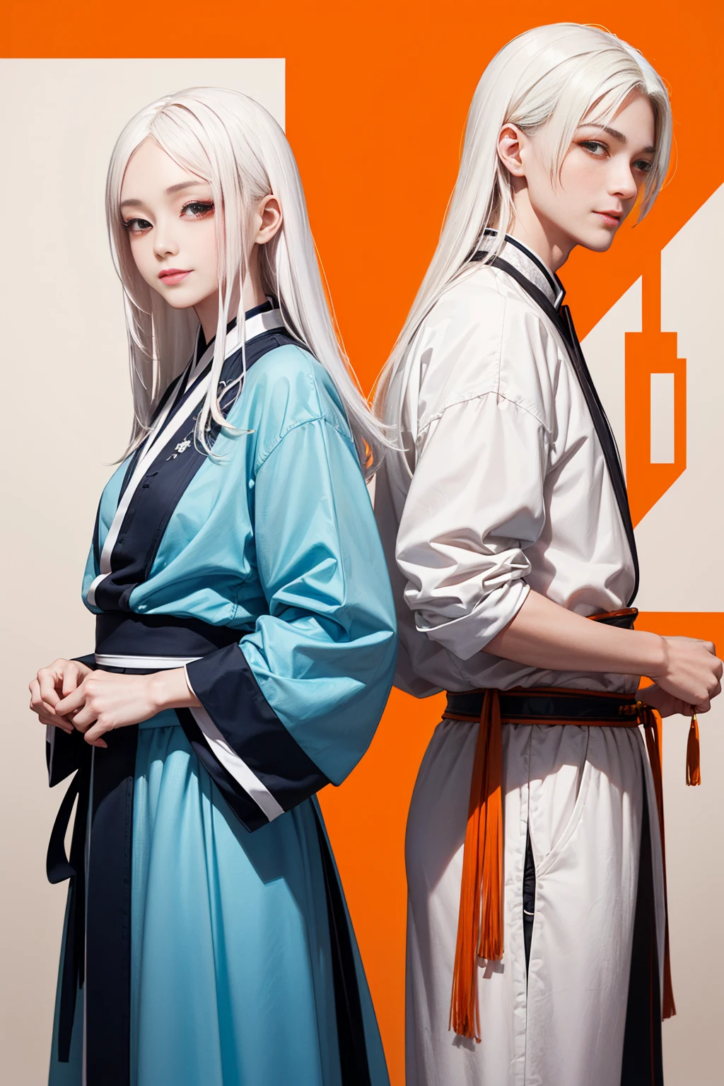 high quality , one white hair girl and one white hair man, long hair, wuxia character, ((white clothes with blue and orange accent)), ink painting background, flat background, minimalist background, chinese wind pattern background, smiling, standing back to back