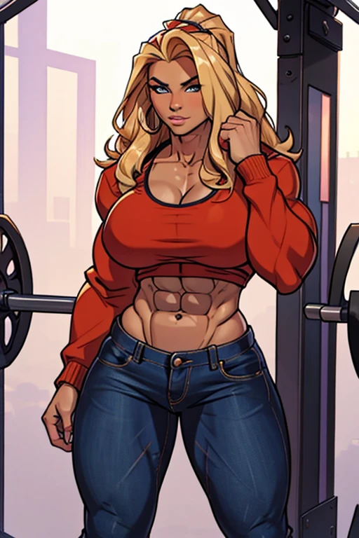 stunningly beautiful 20 yo woman, long blonde curly hair, sexy attractive woman, short fur jacket, bare midriff, jeans pants, sixpack abs, strong well defined muscle, lean powerful bodybuilder physique, perfect and flawless musculature, great muscle definition, gigantic massive and bulging physique, very broad round hips, small firm breasts, perfect six-pack abs