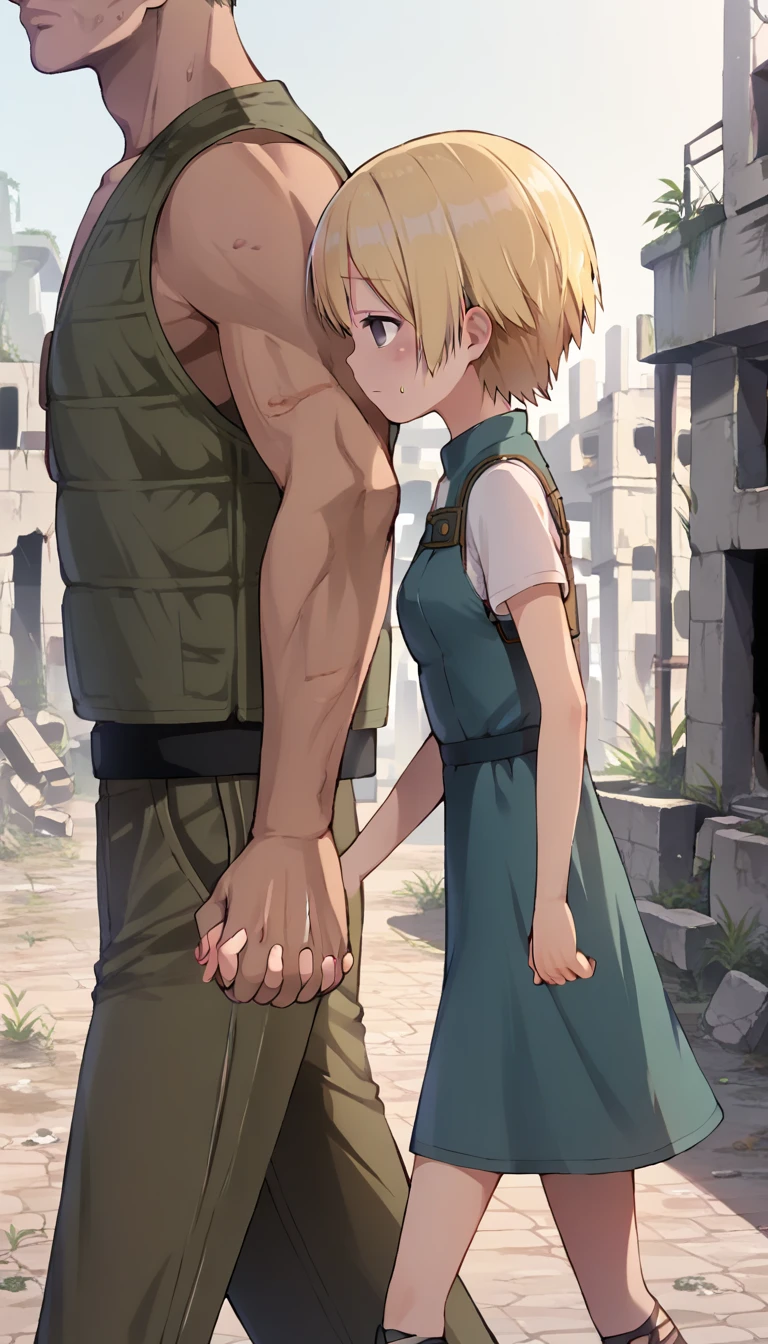 score_9, score_8_up, score_7_up, source_anime BREAK 
1girl, ****, _young, from side, small breasts, (girl dirty casual dress), holding hands, hand in another's hand, blonde short hair, grey eyes, sad face, town ruins, outdoors, walking, ((size difference:1.5)), faceless male, male face out of frame, (male cargo vest, pants)