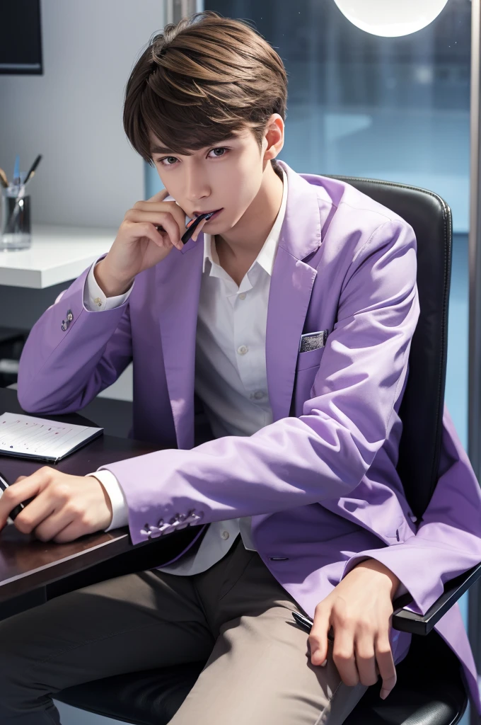 A refreshing young man, beautiful young man, 20 years old, slender, brown hair, purple eyes, cyber laboratory, laboratory of the dark future, white lab coat, biting a pen, biting a ballpoint pen with teeth, thinking, body facing right, sitting in a luxurious black chair, bangs down