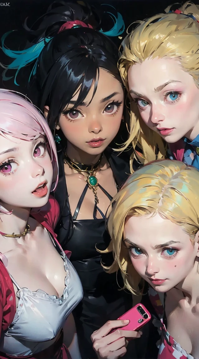 three anime characters are posing for a picture together, saiyan girl, ecchi anime style, dragon ball style, bulma from dragon ball, in anime style, hq artwork, fan art, high quality fanart, dragon ball z style, anime girls, android 18, official fanart, hd artwork, dragon ball artstyle, :14 80s anime style official art, unity 8k wallpaper, ultra detailed, beautiful and aesthetic, masterpiece, best quality, chinese style, (zentangle, mandala, tangle, entangle), ecstasy of flower, 1girl, extremely detailed, dynamic angle, cowboyshot, the most beautiful form of chaos, elegant, a brutalist designed, vivid colours, romanticism, by james jean, roby dwi antono, ross tran, francis bacon, michal mraz, adrian ghenie, petra cortright, gerhard richter, takato yamamoto, ashley wood, atmospheric (Best Quality,4K,High resolution), Delicately expressed illustrations with realistic details,Gathering of 5 women+selfee,Looking at the camera、Point the camera up,Staring at this、Smile,Red color clothes,(Black long straight hair),Yellow clothes,( Brown bob hair)Blue color clothes,(short-haired and disheveled hair,,,,) pink color clothes,( Beautiful with a pink ponytail),white colored clothes,(Blonde twintails),5 women of idol type,stage,Lively exterior,comic strip,animesque,Comical illustration,Cute illustrations delicately drawn in detail,Looking up at the camera from above