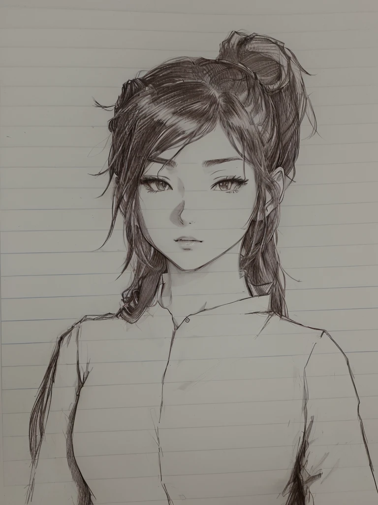 drawing of a woman with a ponytail and a shirt on, anime sketch, an anime drawing, subtle anime style, with out shading, simple drawing, inspired by Ayami Kojima, pen on paper, anime style character, portrait of an anime girl, as an anime character, old sketch, girl sketch, an anime girl, inspired by Rei Kamoi, scribble sketch