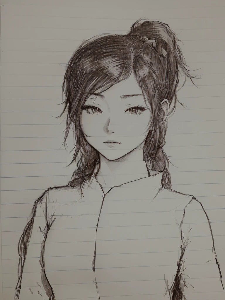 drawing of a woman with a ponytail and a shirt on, anime sketch, an anime drawing, subtle anime style, with out shading, simple drawing, inspired by Ayami Kojima, pen on paper, anime style character, portrait of an anime girl, as an anime character, old sketch, girl sketch, an anime girl, inspired by Rei Kamoi, scribble sketch