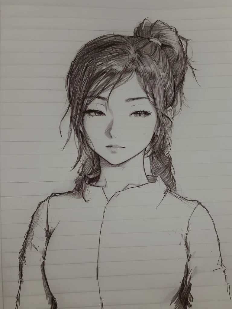 drawing of a woman with a ponytail and a shirt on, anime sketch, an anime drawing, subtle anime style, with out shading, simple drawing, inspired by Ayami Kojima, pen on paper, anime style character, portrait of an anime girl, as an anime character, old sketch, girl sketch, an anime girl, inspired by Rei Kamoi, scribble sketch