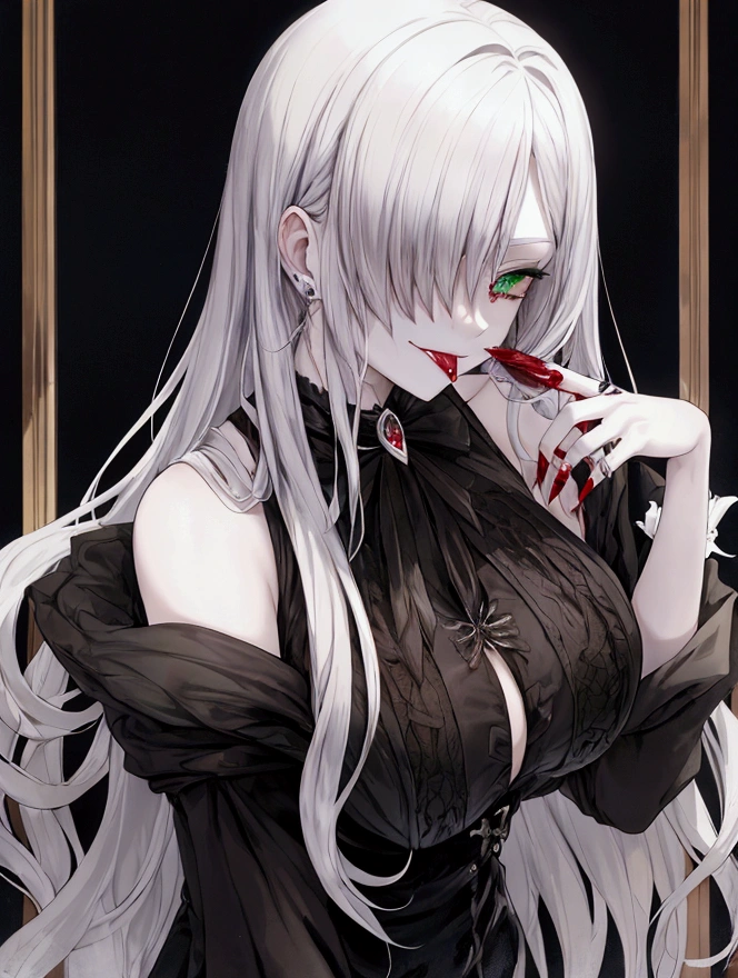 vampire,Silver Hair,girl,Green Eyes,Licking one&#39;s lips,Blood dripping onto the tongue,1 person,smile