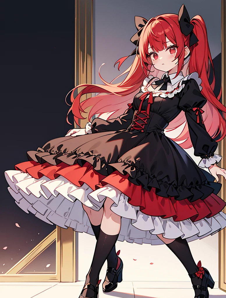 A fluffy pigtailed hair style with strawberry red hair with bangs that frames her delicate face. Her eyes are vibrant red and gold.
Costume: She opts for a Gothic Lolita dress in shades of black, white, and red, with intricate lace and satin ribbons. Her dress features a corseted bodice and a full, layered skirt. She wears black knee-high stockings, and black Mary Jane shoes adorned with black bows.