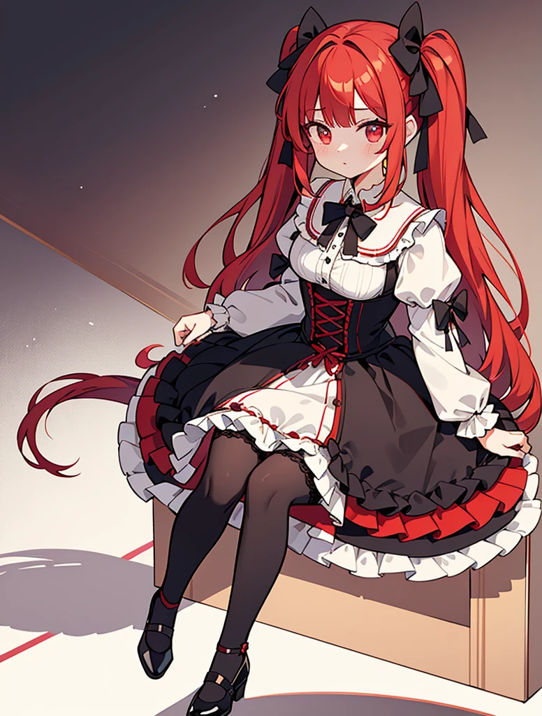 A fluffy pigtailed hair style with strawberry red hair with bangs that frames her delicate face. Her eyes are vibrant red and gold.
Costume: She opts for a Gothic ta dress in shades of black, white, and red, with intricate lace and satin ribbons. Her dress features a corseted bodice and a full, layered skirt. She wears black knee-high stockings, and black Mary Jane shoes adorned with black bows.