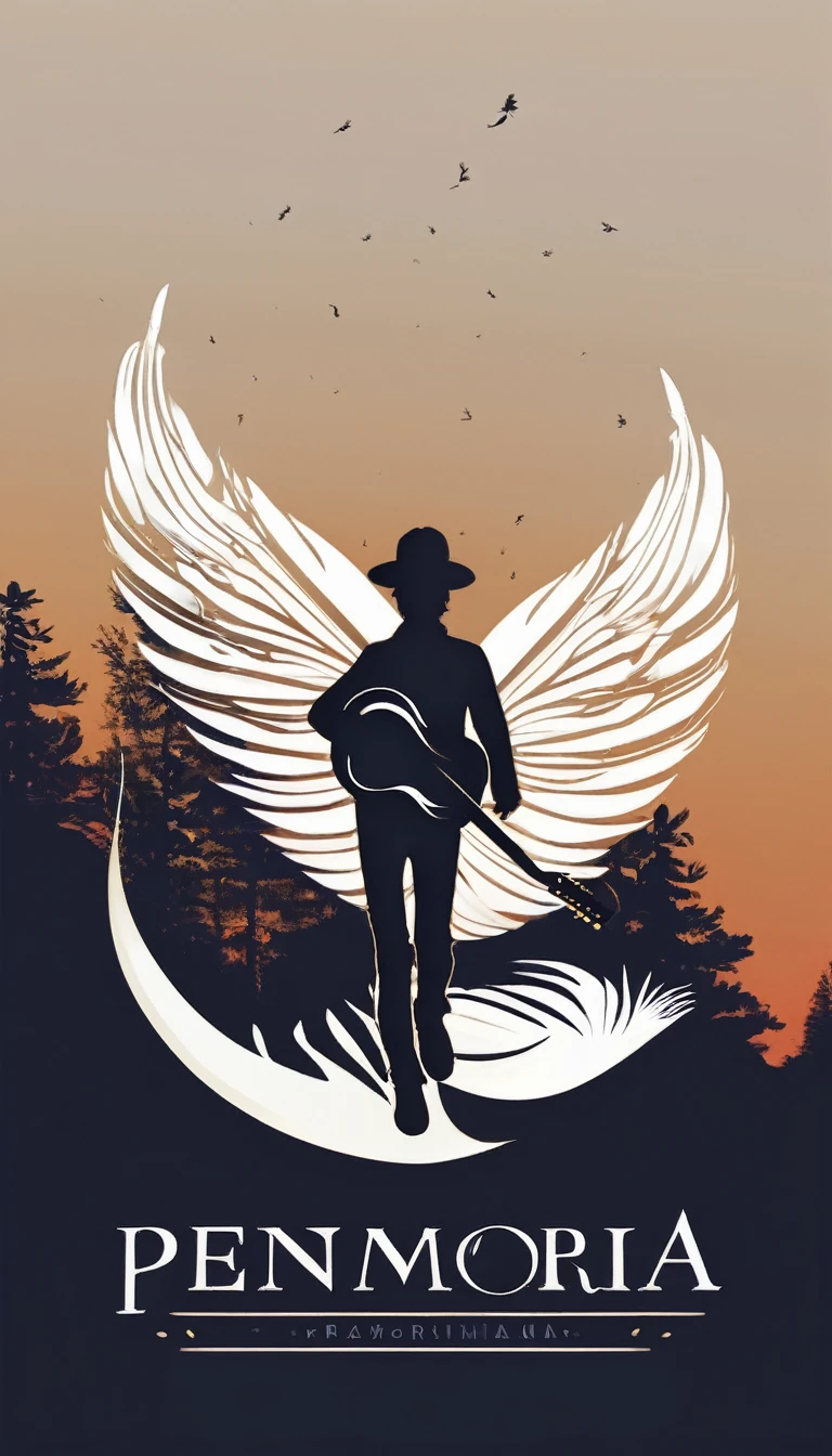 A minimal, modern, simple, cinematic, minimalistic logo design for the brand “Penamemoria". The logo design must be a simple, magical feather and a boy running and holding an acoustic guitar. The logo must convey a sense of music, stories and dreams. Logo design impressed on a book cover. Minimalistic logo