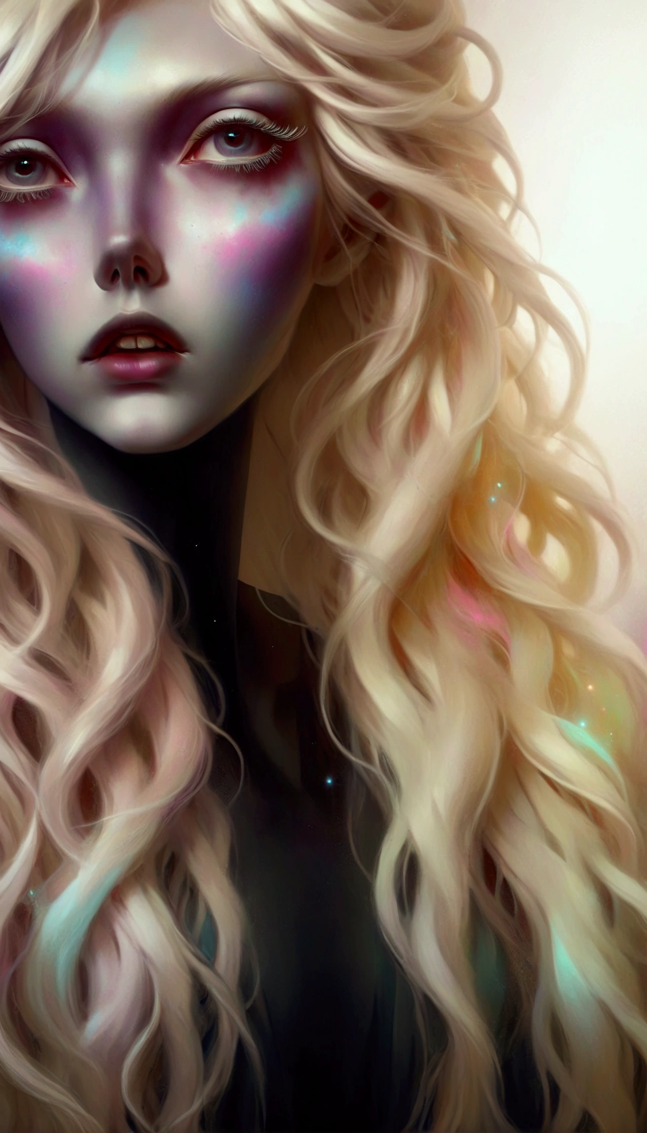 a close up of a woman with long hair and a colorful face, artwork in the style of guweiz, hair made of shimmering ghosts, guweiz, ilya kuvshinov with long hair, guweiz masterpiece, messy blond hair, with long blond hair, glowing flowing hair, a girl with blonde hair, long glowing ethereal hair