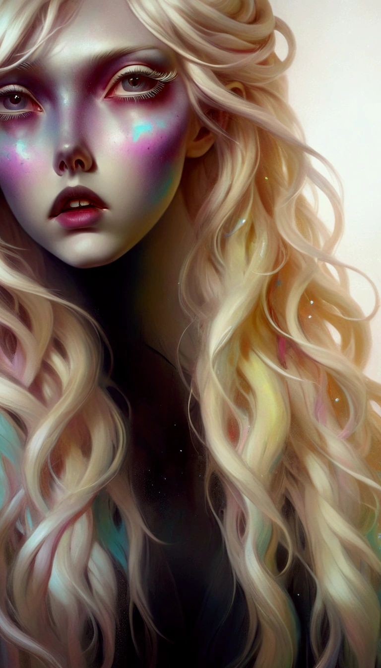 a close up of a woman with long hair and a colorful face, artwork in the style of guweiz, hair made of shimmering ghosts, guweiz, ilya kuvshinov with long hair, guweiz masterpiece, messy blond hair, with long blond hair, glowing flowing hair, a girl with blonde hair, long glowing ethereal hair