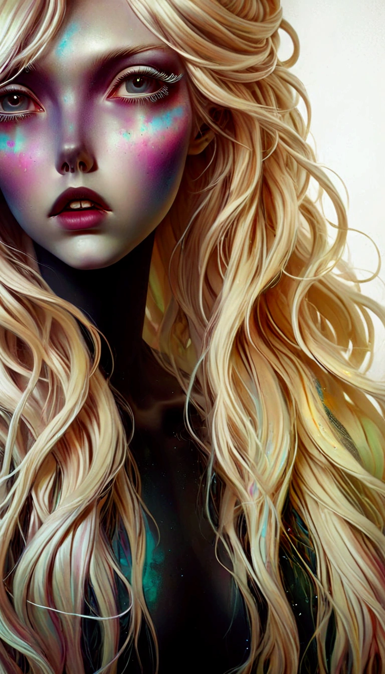 a close up of a woman with long hair and a colorful face, artwork in the style of guweiz, hair made of shimmering ghosts, guweiz, ilya kuvshinov with long hair, guweiz masterpiece, messy blond hair, with long blond hair, glowing flowing hair, a girl with blonde hair, long glowing ethereal hair