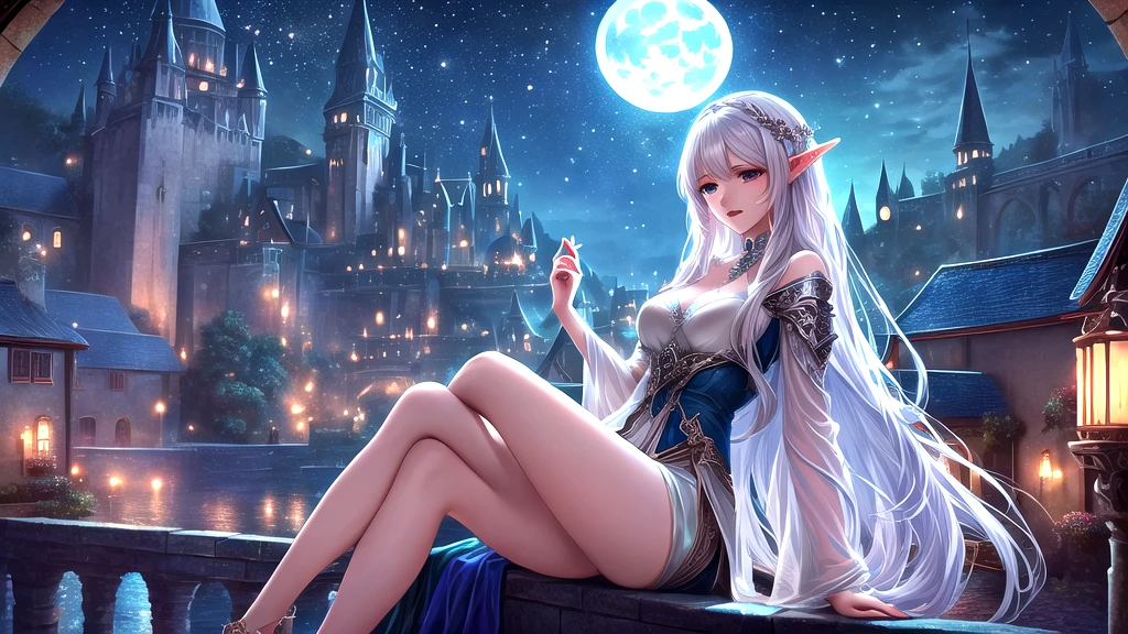 There is an elven woman sitting on a ledge by the river.,Silver Hair、Longhairer、night、moonlight、 Beautiful fantasy anime, very Beautiful fantasy anime, Fantasy-style anime, Fantasy anime style, 4K Fantasy Anime, High quality fantasy anime, HD Fantasy Anime, Beautiful fantasy anime portrait, Detailed fantasy digital animation, epic Fantasy anime style hd, Medieval fantasy art, Beautiful fantasy paintings, Beautiful Art UHD 4K;16:9