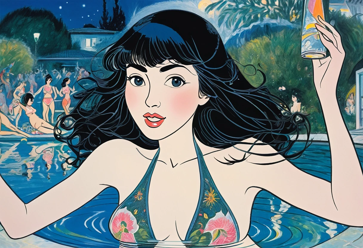 1girl, intricate details, beautiful detailed face, (minimum micro bikini:1.2), see-through, looking at viewer, (night pool party), blush, open mouth, black hair, medium hair, blunt bangs, happy, standing((Marc Chagall style)), magic naive art, primitivism, protogen, ((best quality, Masterpiece)), ((Highest detail)), RAW:1,1, 8k