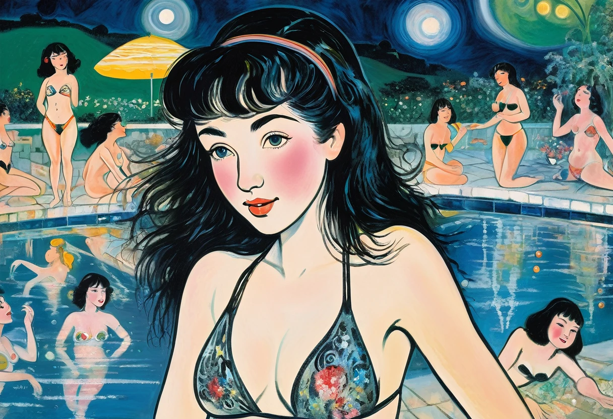 1girl, intricate details, beautiful detailed face, (minimum micro bikini:1.2), see-through, looking at viewer, (night pool party), blush, open mouth, black hair, medium hair, blunt bangs, happy, standing((Marc Chagall style)), magic naive art, primitivism, protogen, ((best quality, Masterpiece)), ((Highest detail)), RAW:1,1, 8k
