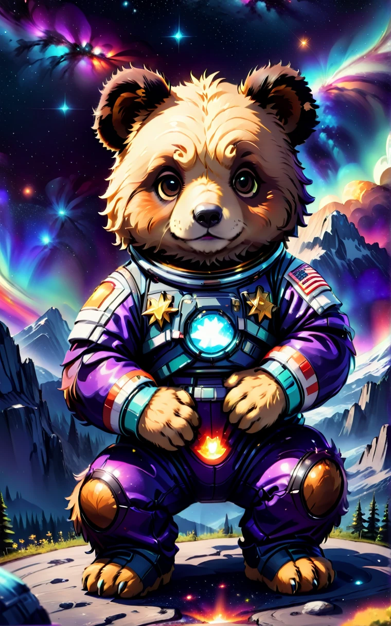 (Cute cartoon style:1.3), (Close up of cute bear sitting and holding stars))), (Full set of cool space suits:1.2)Dark fur, Epic space scenery, Complex design, Vibrant colors, Masterpieces in up to 16K resolution, best quality, Extremely detailed, aesthetics, Cute bear sitting and holding stars.