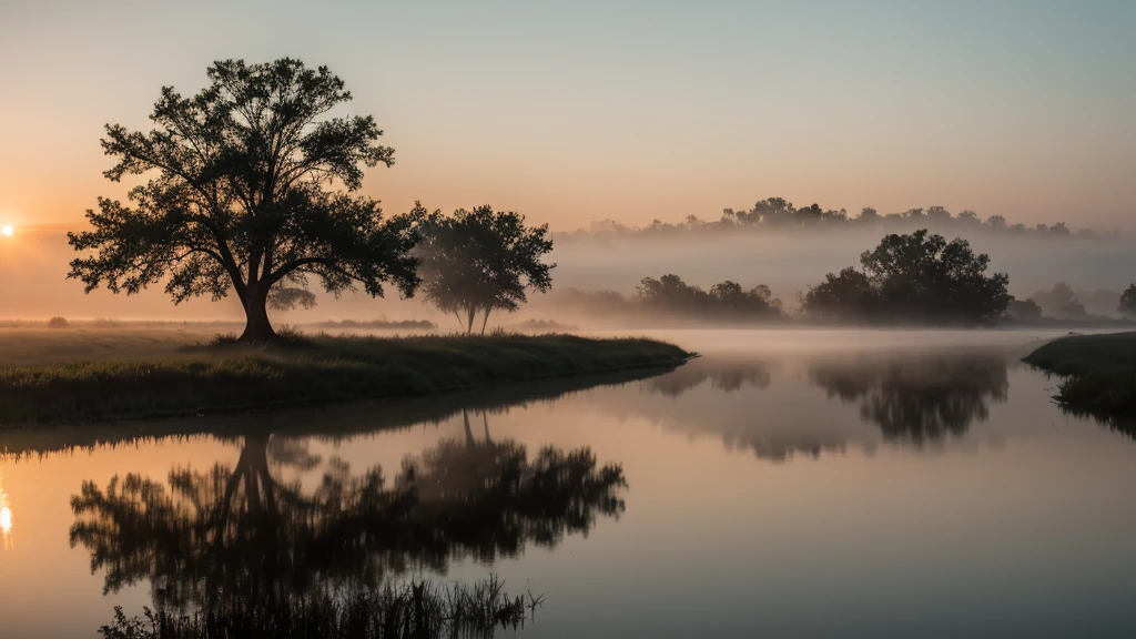 View of landscape bayou at sunrise in fog