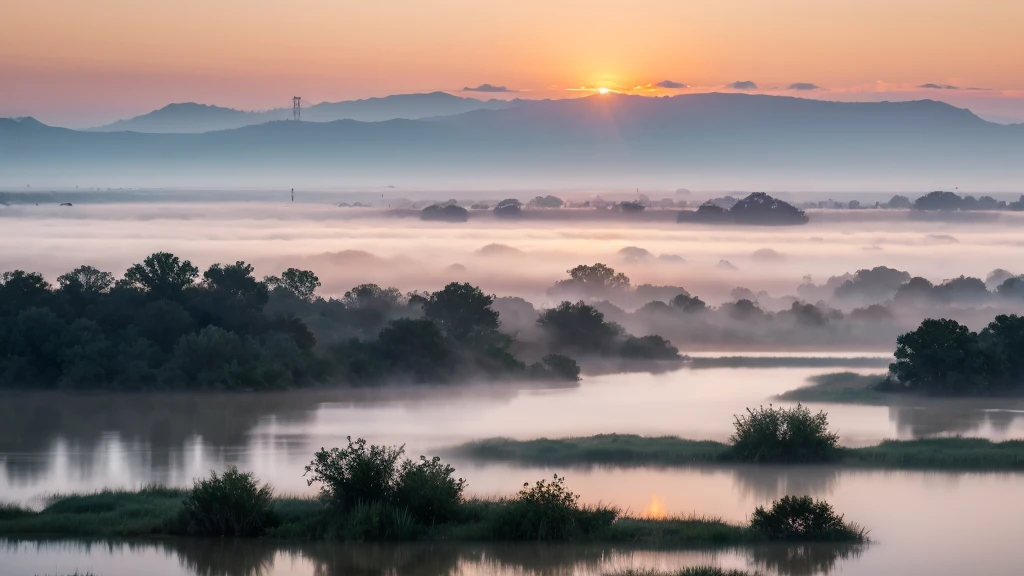 View of landscape bayou at sunrise in fog