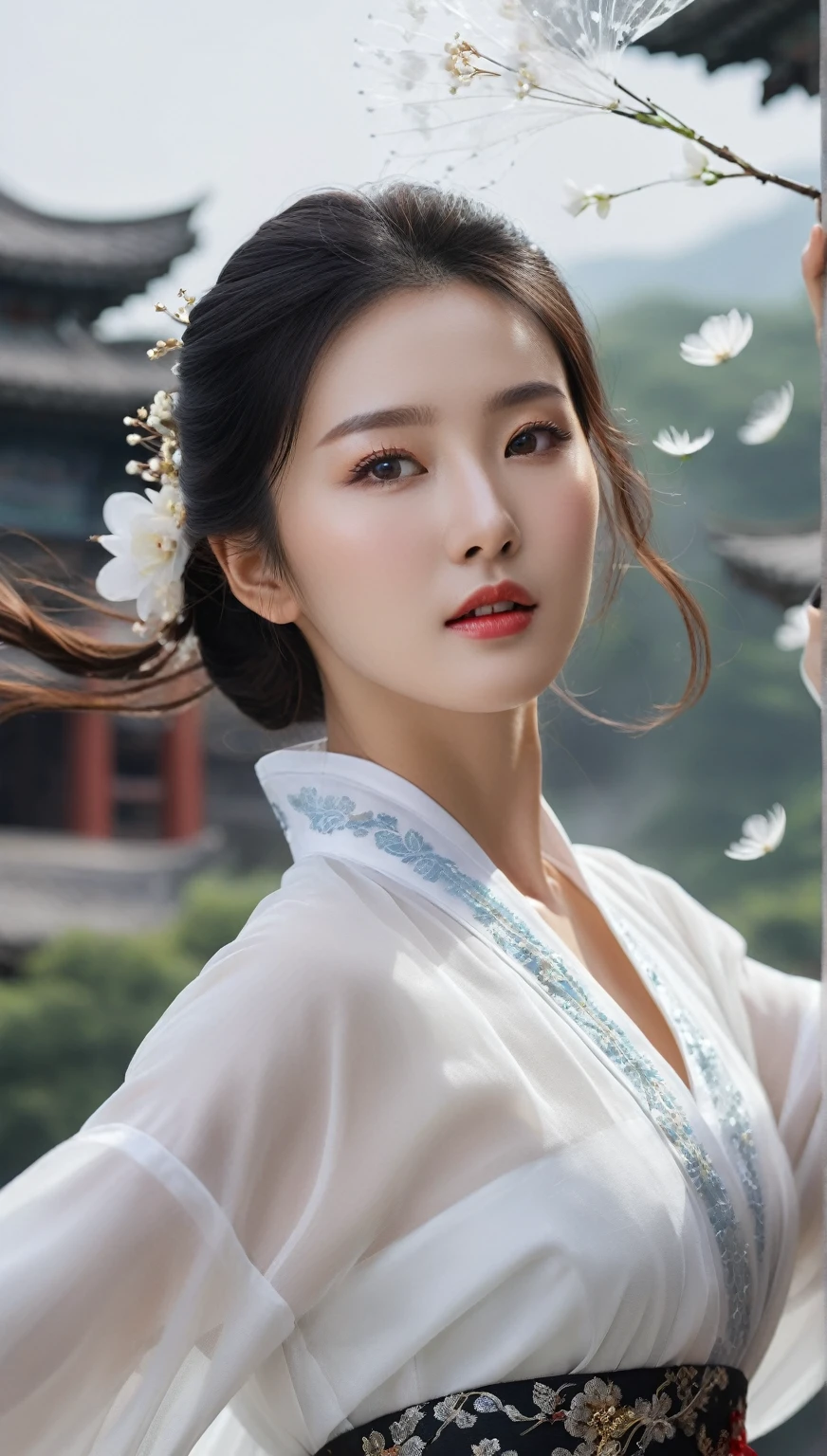 beautiful Korean woman, (((Mikamaria))), (motion blur:1.3), abnormally stunning beautiful face, black and white close-up,woman in intricate pure white hanbok dress, Flying in the air like a Chinese movie ,spinning frantically, translucent tingling air particles on dress hem,in ancient china, professional fashion photography,UHD, 4k, 8k