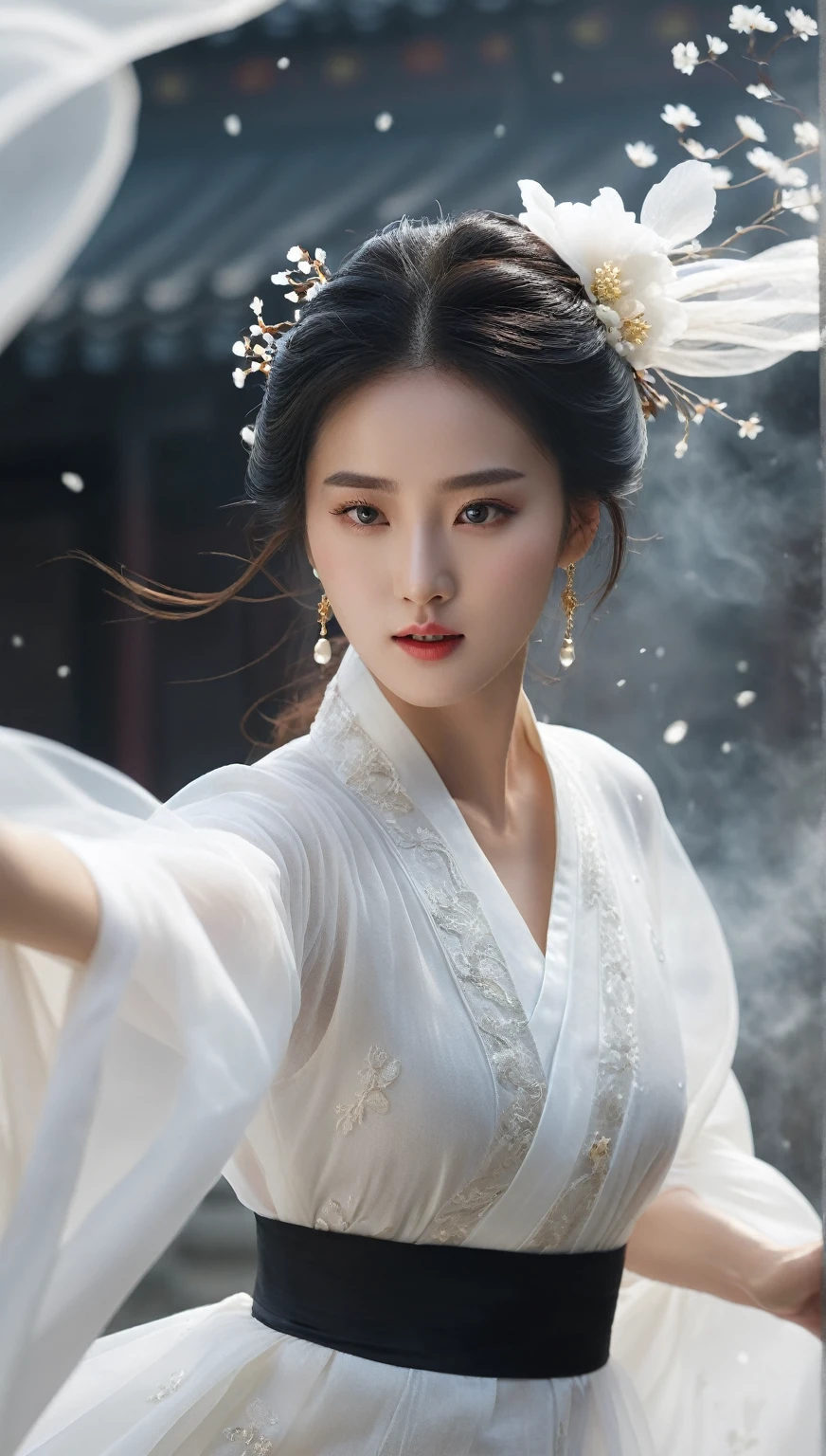 beautiful Korean woman, (((Mikamaria))), (motion blur:1.3), abnormally stunning beautiful face, black and white close-up,woman in intricate pure white hanbok dress, Flying in the air like a Chinese movie ,spinning frantically, translucent tingling air particles on dress hem,in ancient china, professional fashion photography,UHD, 4k, 8k