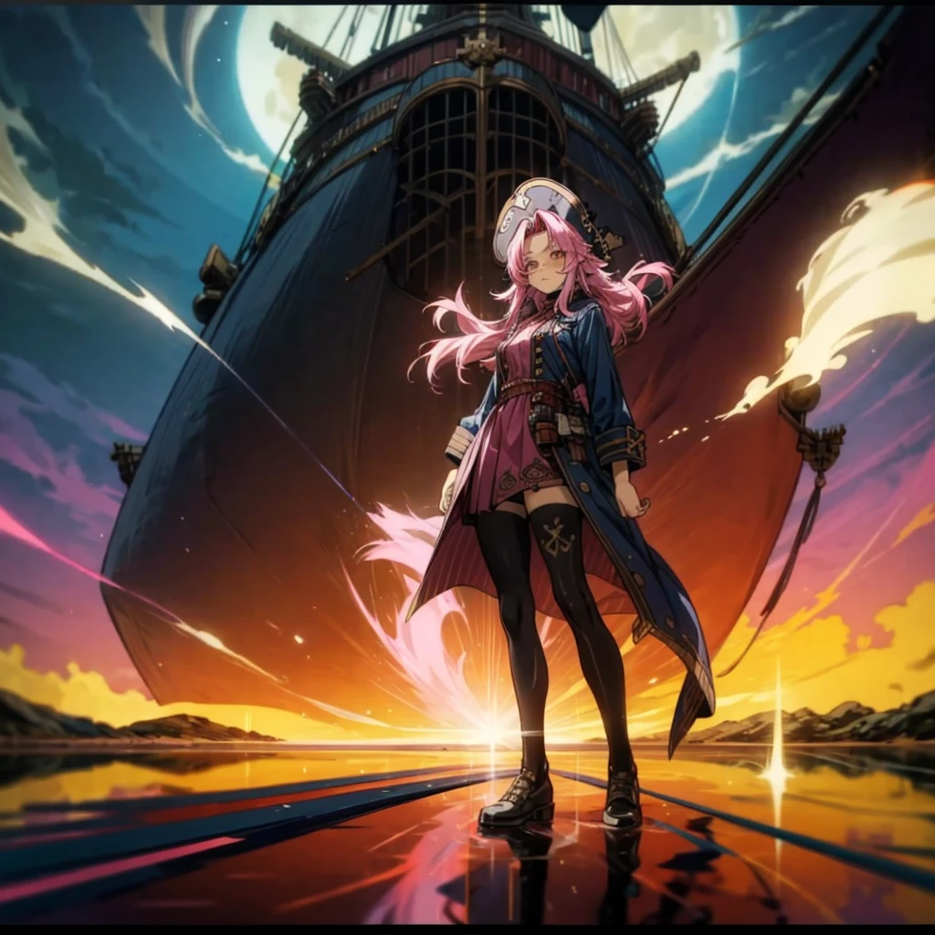 1girl, Full body version, 1character, adult girl version, gold eyes color, long haircut, pink colour hair, queen style clothing, blue colour clothing, pirate hat, sword in hand, Grassroots, background in Pirate Ship, motion blur, (Hunter x Hunter style), standing gesture, (low angle view) , aura effect, lighting aura, smoke effect, lighting sun, sun, plasma effect, 