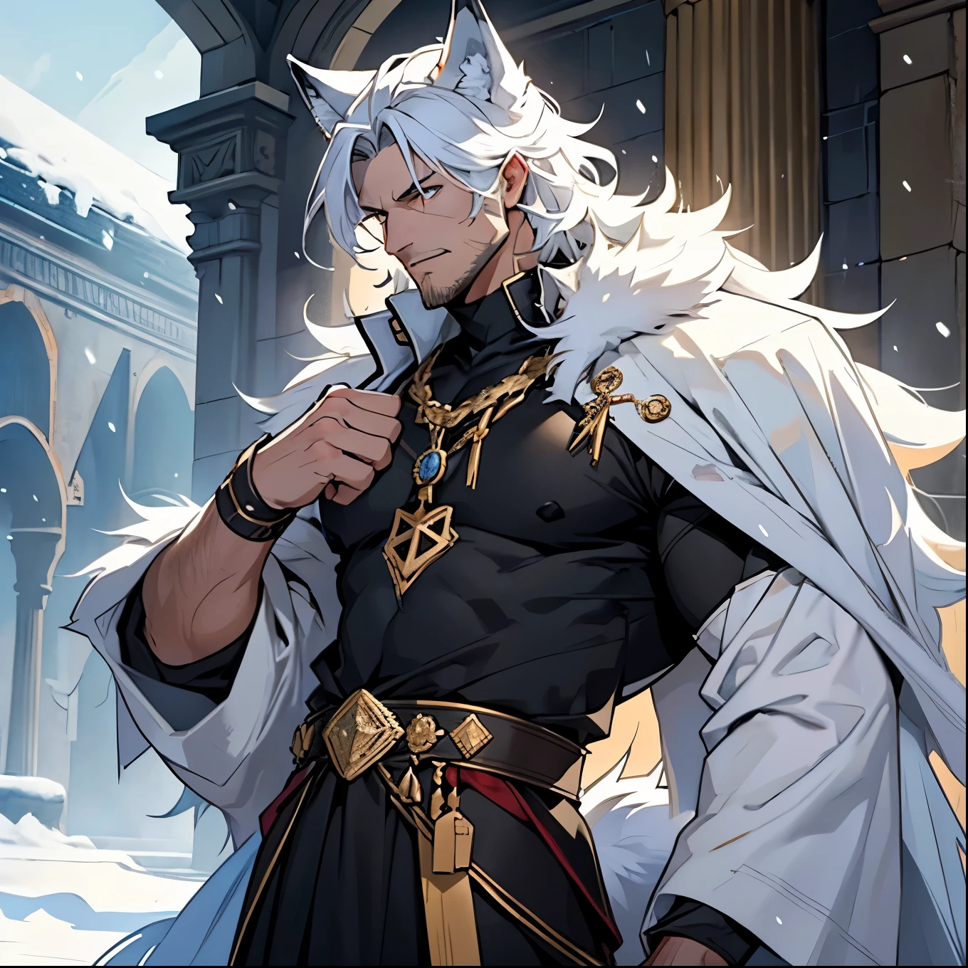 mature,rugged,stubble,serious,royal,royal grab,in snow,rugged charm+human skin! No fur + normal human body + normal human hands + short white, messy hair+ Golden eyes + fair skin + he has two white wolf ears on his head. + He has a white, fluffy wolf tail down his back.handsome angular face. + 1.97 meters tall+faint stubble,Tattered remnants of his royal garb in black and gold, symbolizing his undying connection to his kingdom and his fall from grace.