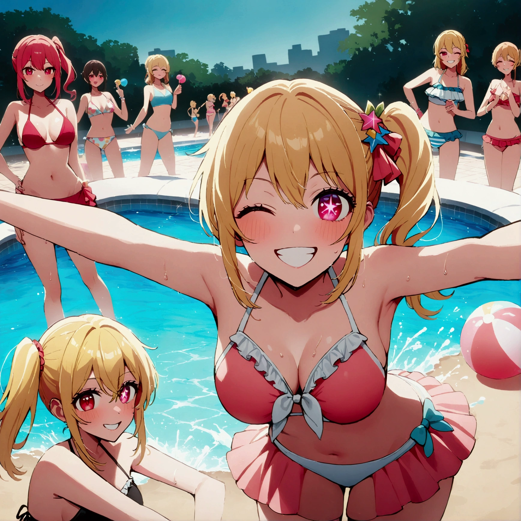 (Pool Party), swimsuit crowd, young people having fun at a pool, hoshinoruby, star-shaped pupils, ruby_hoshino, idol, blonde hair, bangs, pink and red eyes, side ponytail, one eye closed, grin, looking at viewer, best quality, masterpiece, high quality, extremely detailed CG unity 8k wallpaper, delicate background, luminous particles, everyone enjoys partying, multi pose, colorful swim rings and beach balls, water splashing,